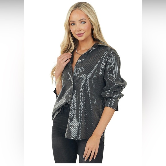 NWT Black Button Down Sequin blouse - Picture 1 of 4